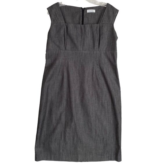 Calvin Klein Sheath Dress 10 Gray Sleeveless Square Neck Knee Length Business - Picture 1 of 8